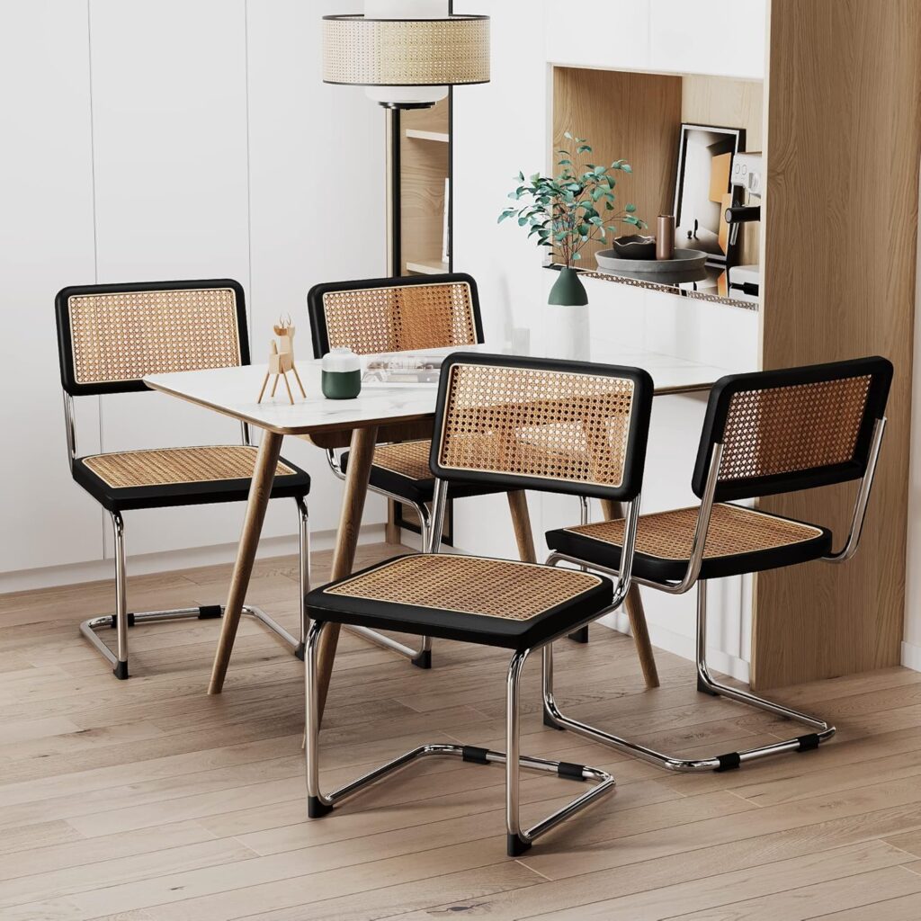 Alunaune Modern Mid Century Dining Chairs Set of 2, Upholstered Natural Rattan Kitchen Chairs Accent Chair, Armless Side Chairs with Metal Chrome Legs for Bedroom Living Room-Brown