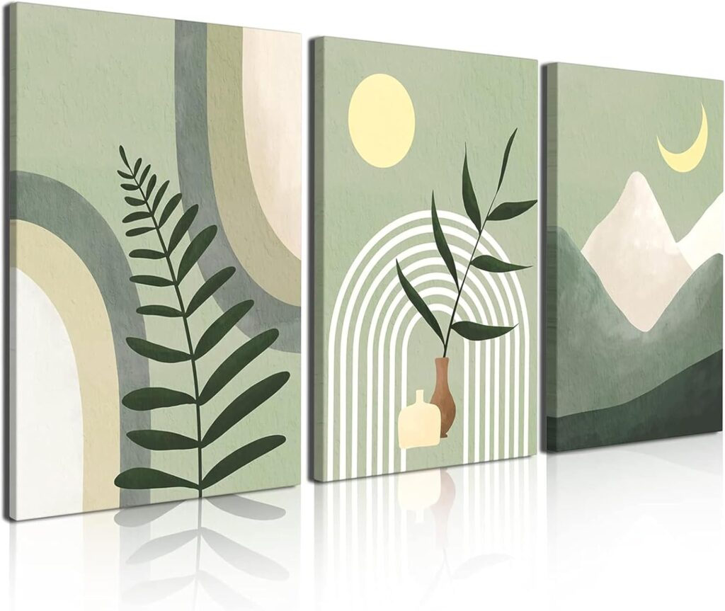 Boho Wall Art Painting,Boho Wall Art Set of 3, Sage Green Minimalist Framed Canvas Wall Art Geometric Leaf Sun Moon Beige Green Canvas Artwork 12X16 for Bathroom Living Room Boho Wall Decor