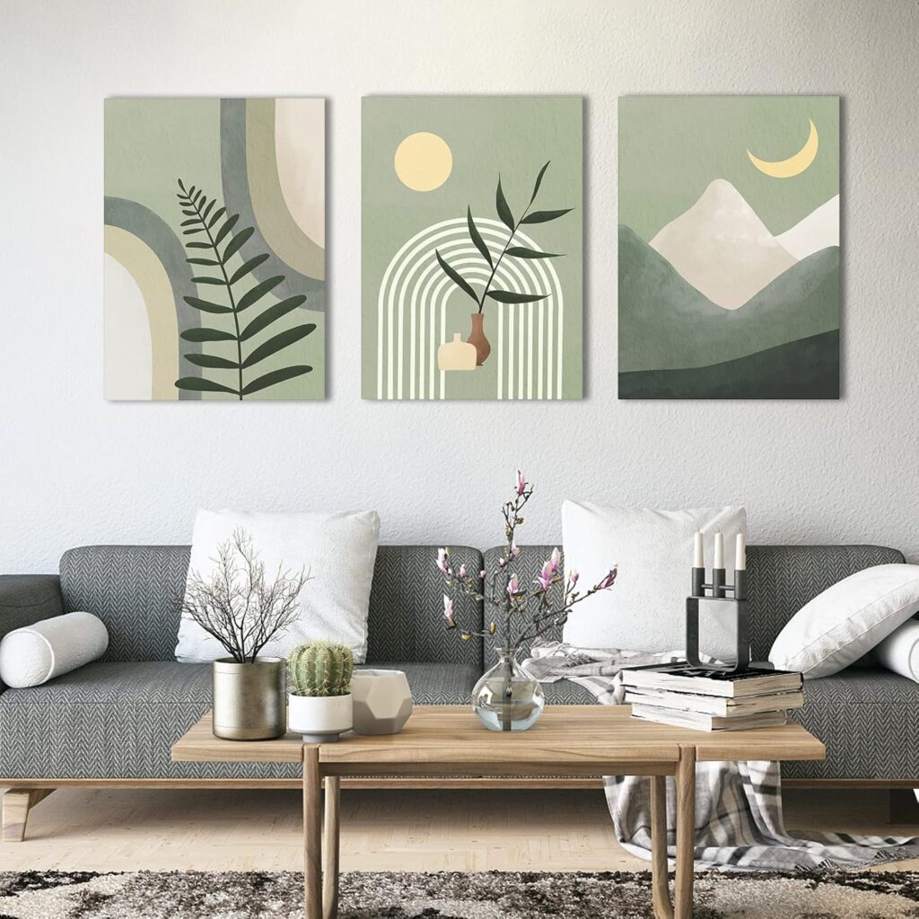 Boho Wall Art Painting,Boho Wall Art Set of 3, Sage Green Minimalist Framed Canvas Wall Art Geometric Leaf Sun Moon Beige Green Canvas Artwork 12X16 for Bathroom Living Room Boho Wall Decor