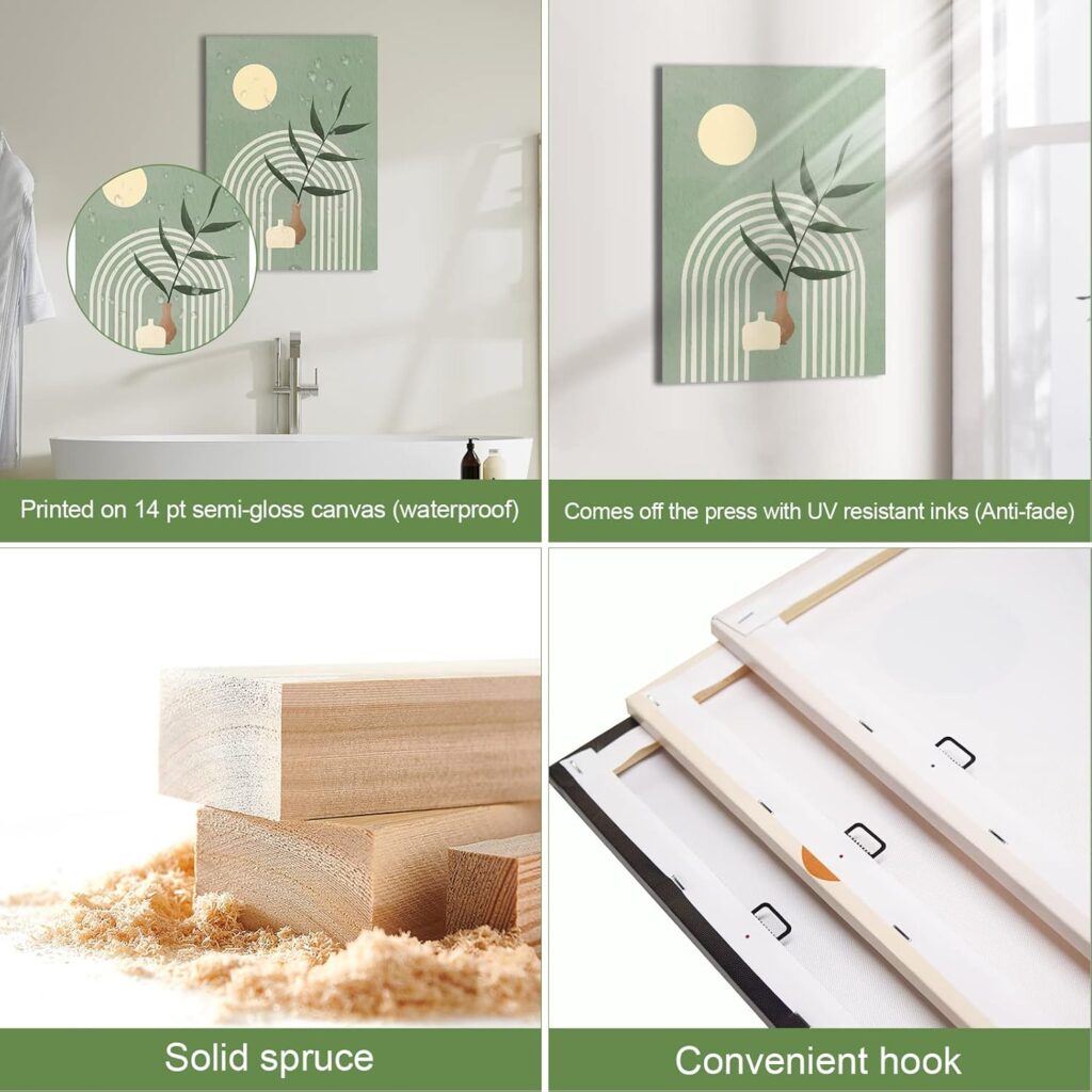 Boho Wall Art Painting,Boho Wall Art Set of 3, Sage Green Minimalist Framed Canvas Wall Art Geometric Leaf Sun Moon Beige Green Canvas Artwork 12X16 for Bathroom Living Room Boho Wall Decor