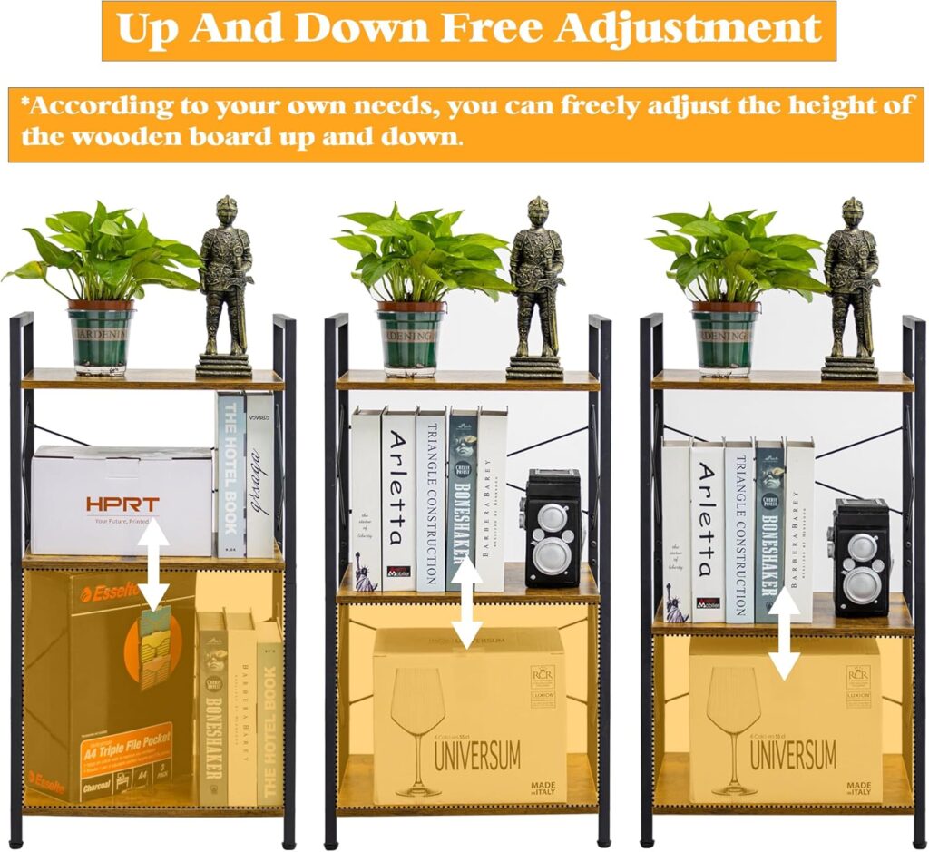 HCHQHS Bookshelf, 3-Tier Industrial Bookcase, Rustic Open Book Shelf, Wood and Metal Horizontal Bookshelves