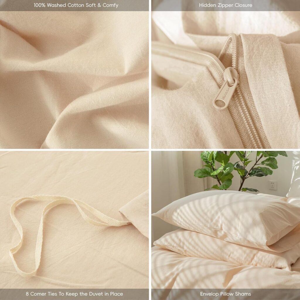 MooMee Bedding Duvet Cover Set 100% Washed Cotton Linen Like Textured Breathable Durable Soft Comfy (Tannish Linen Grey, Queen)
