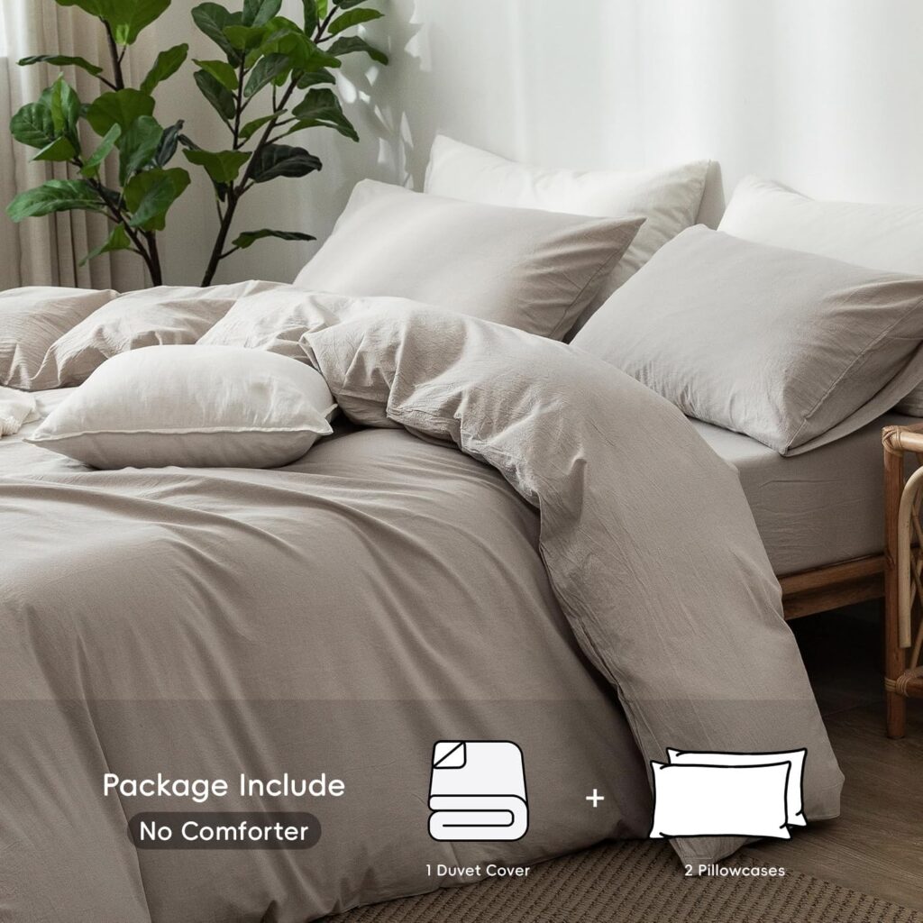 MooMee Bedding Duvet Cover Set 100% Washed Cotton Linen Like Textured Breathable Durable Soft Comfy (Tannish Linen Grey, Queen)