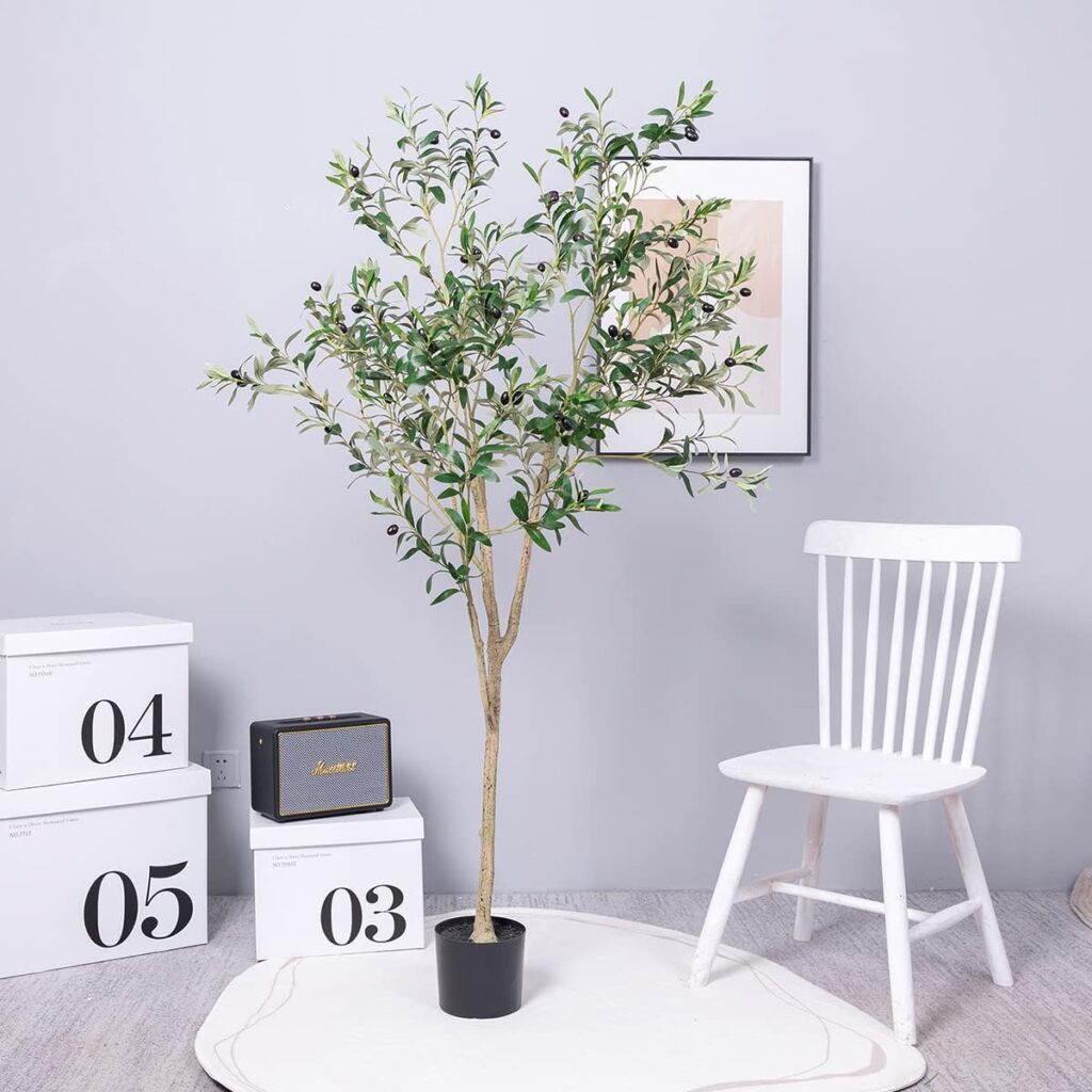 Artificial Olive Tree for Living Room Decor, 6FT Tall Faux Silk Plant Artificial Tree in Potted Oliver Branch Leaves and Fruits for Modern Home Decor Indoor