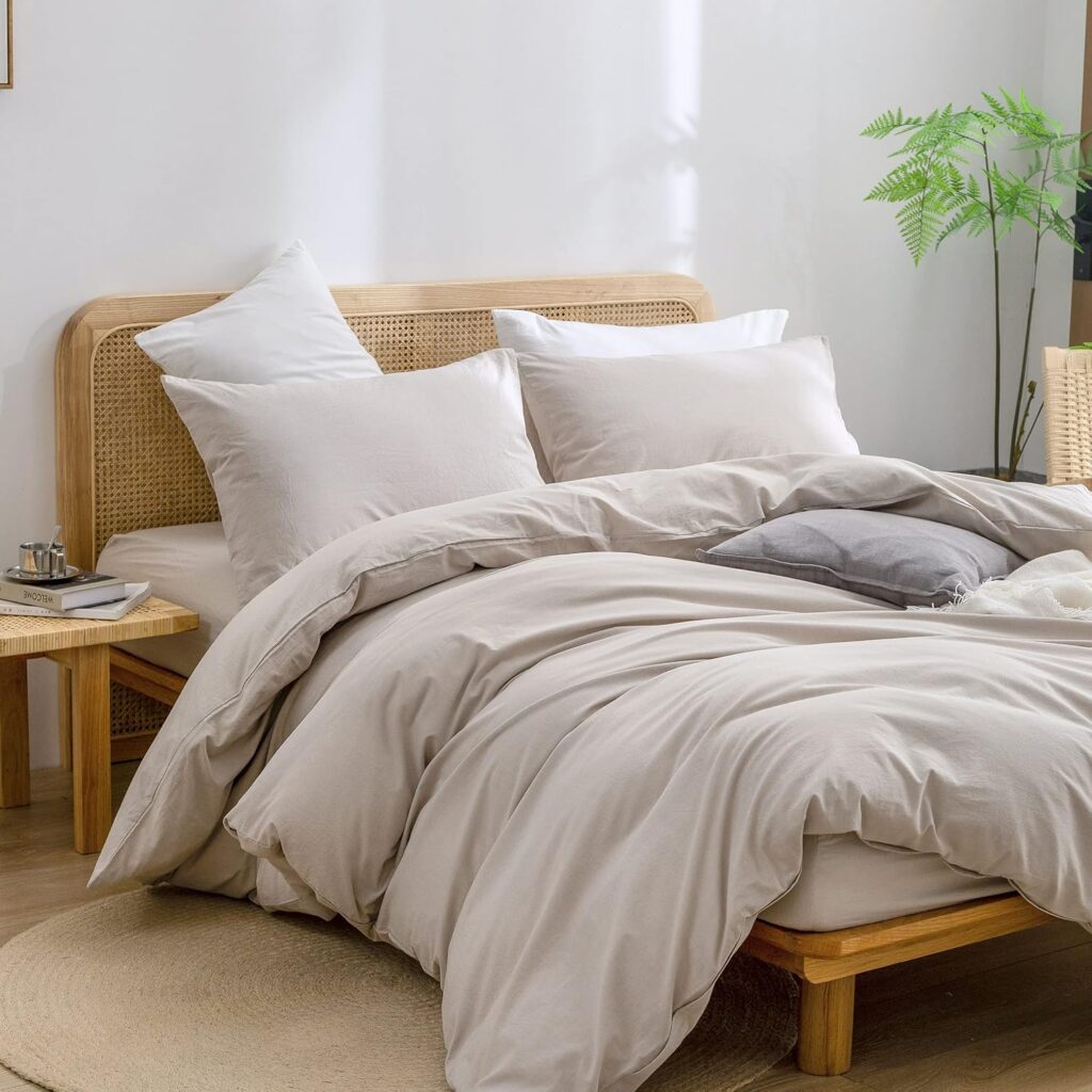 BESTOUCH Duvet Cover Set 100% Washed Cotton Linen Feel Super Soft Comfortable Chic Lightweight 3 PCs Home Bedding Set Solid Off White Queen