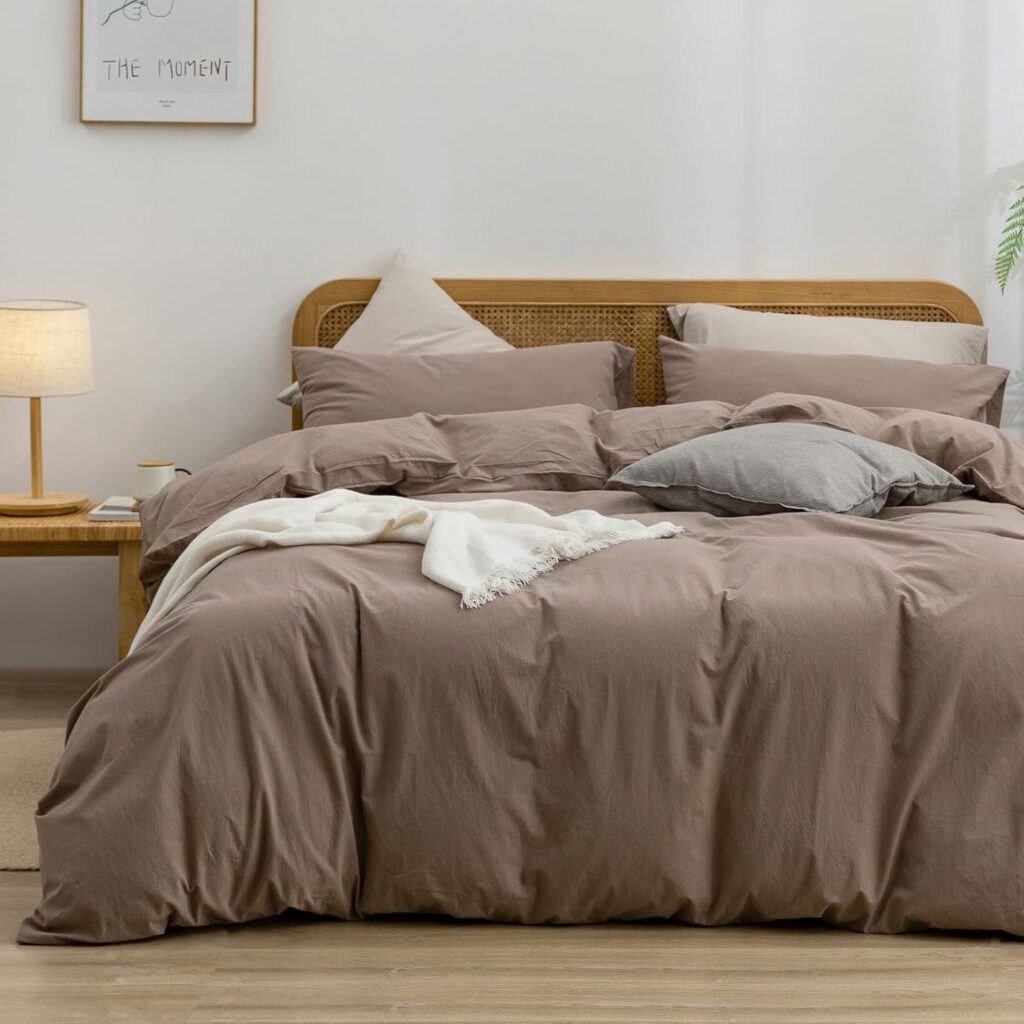 BESTOUCH Duvet Cover Set 100% Washed Cotton Linen Feel Super Soft Comfortable Chic Lightweight 3 PCs Home Bedding Set Solid Off White Queen