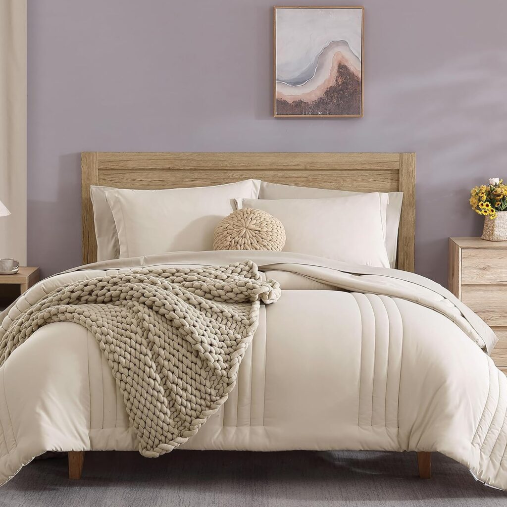 Monbix Queen Comforter Set - 7 Pieces Apricot Beige Bed in a Bag Queen Bedding Sets with Comforters, All Seasons Down Alternative Comforter Bed Set with Sheets,Pillowcases  Shams