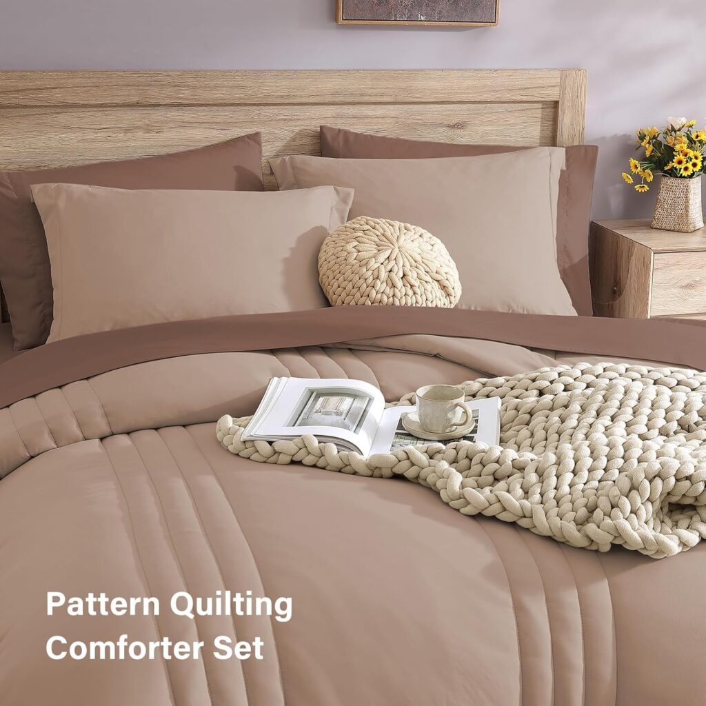 Monbix Queen Comforter Set - 7 Pieces Apricot Beige Bed in a Bag Queen Bedding Sets with Comforters, All Seasons Down Alternative Comforter Bed Set with Sheets,Pillowcases  Shams