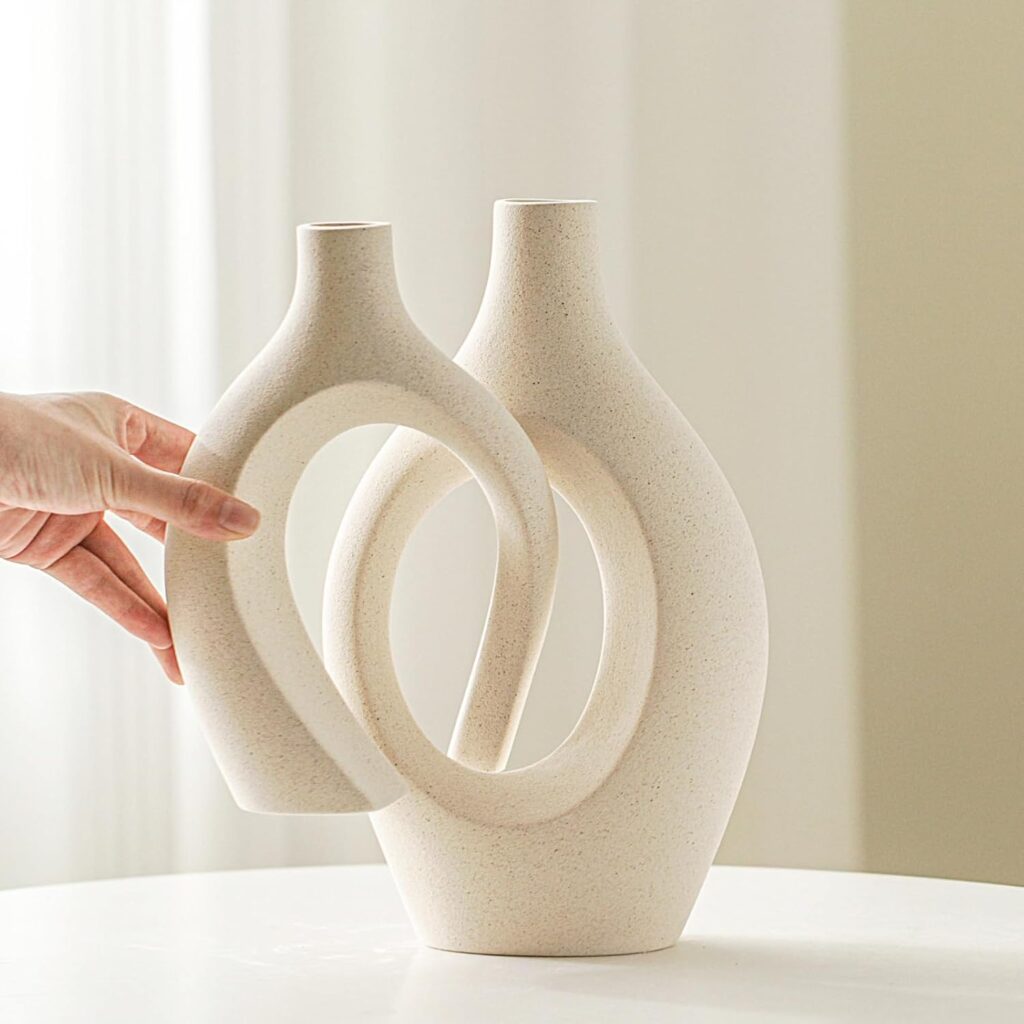 Snuggle Hollow Ceramic Vase Set of 2, Nordic Modern Boho ins Style Decorative Ceramic Aesthetic Flower Vase for Home Decor (Milky White W 6.3 X H 8.4)
