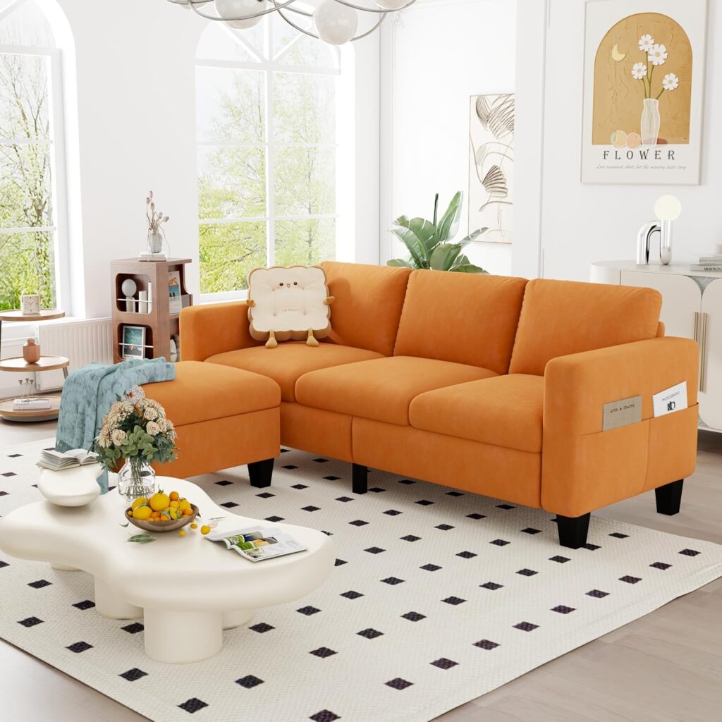 ZeeFu Convertible Sectional Sofa Couch, 3 Seat L-Shaped Sofa with Movable Ottoman, Modern Mocha Brown Velvet Linen Upholstered Small Sectional Sofa Couch for Small Space Apartment Living Room Office