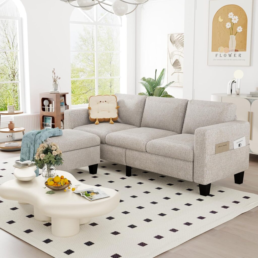 ZeeFu Convertible Sectional Sofa Couch, 3 Seat L-Shaped Sofa with Movable Ottoman, Modern Mocha Brown Velvet Linen Upholstered Small Sectional Sofa Couch for Small Space Apartment Living Room Office