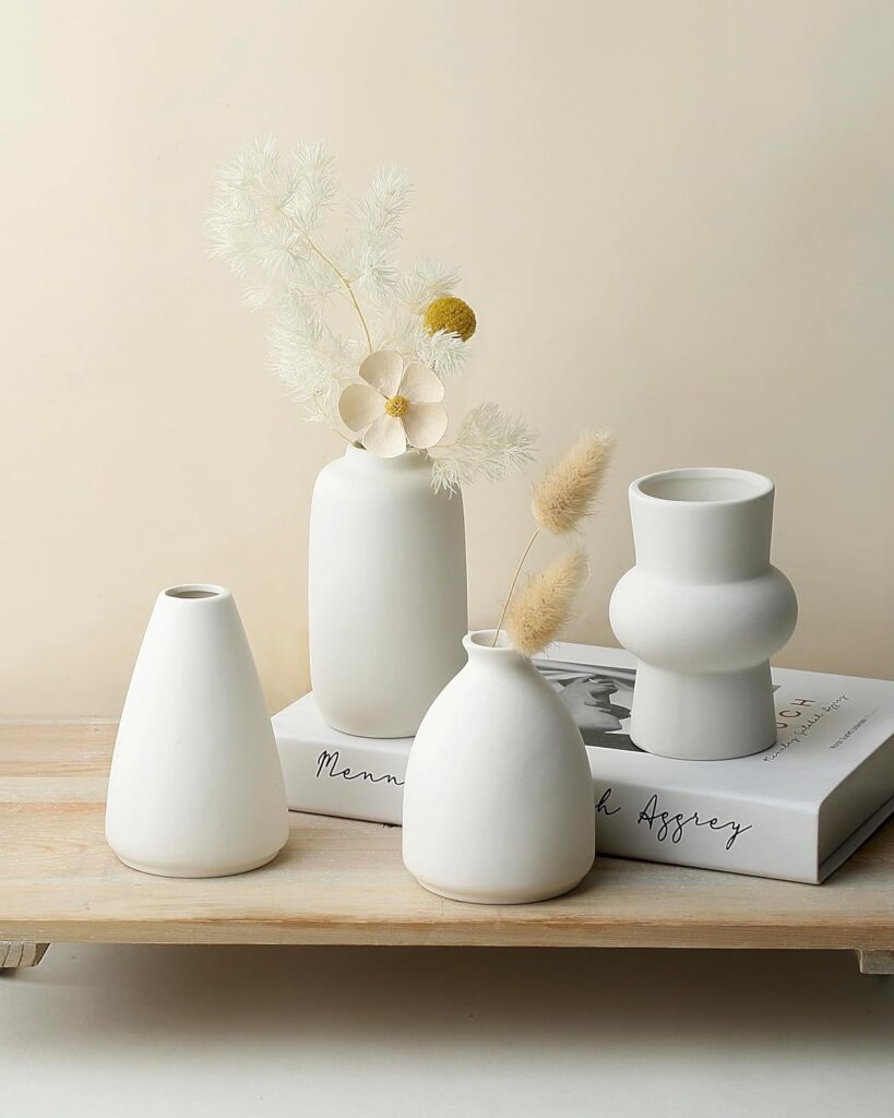 Set of 12 White Ceramic Vase for Pampas Grass Flowers, Japandi Small Vases in Bulk for Wedding Centerpieces, Shelf and Table Decorations, Living Room and Bedroom Decor, DIY Gift