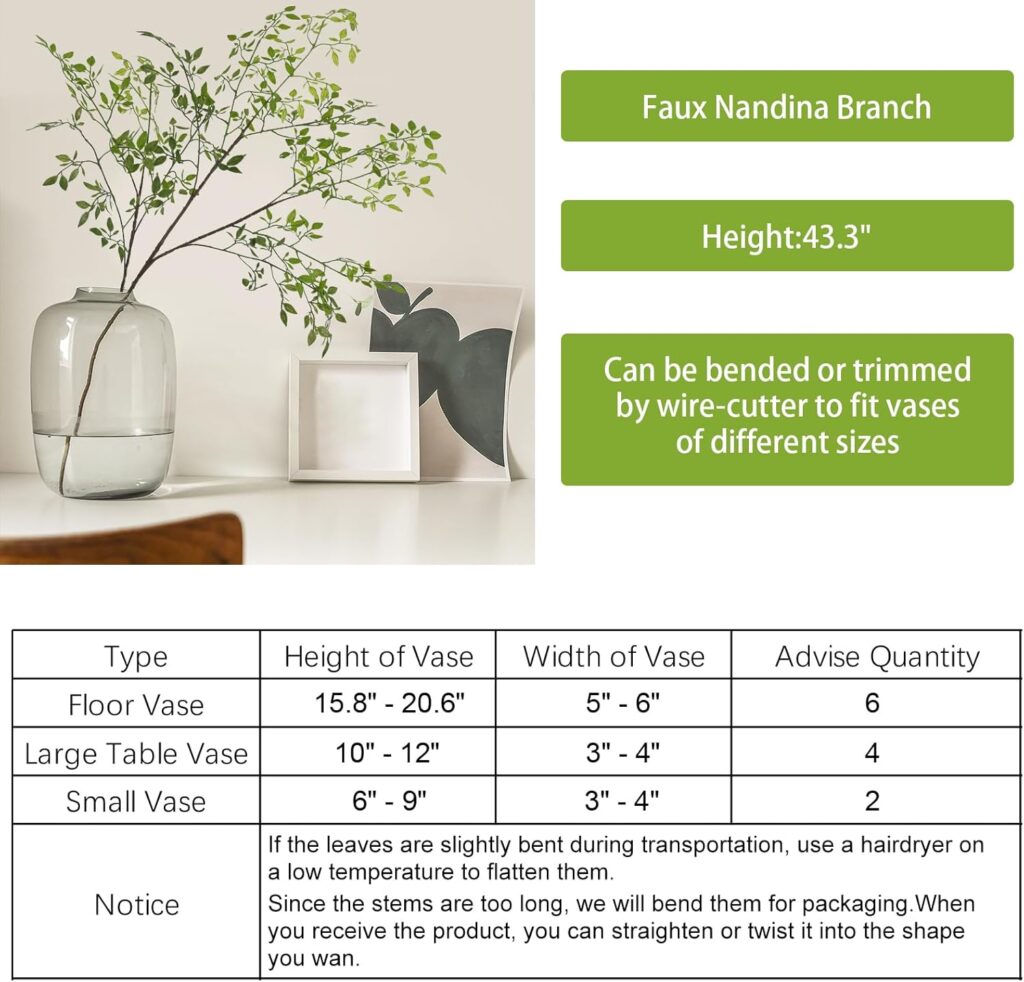 CEWOR 4pcs Artificial Plants Fake Greenery Branches for Vase, 43.3 Inch Green Nandina Long Steams for Tall Vase, Fake Plants Spring Stems for Wedding Garden Office Home Décor