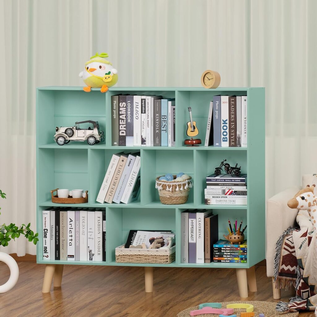 LEYAOYAO Cube Bookshelf 3 Tier Mid-Century Rustic Brown Modern Bookcase with Legs,Retro Wood Bookshelves Storage Organizer Shelf,Freestanding Open Book Shelves for Bedroom,Living Room,Office