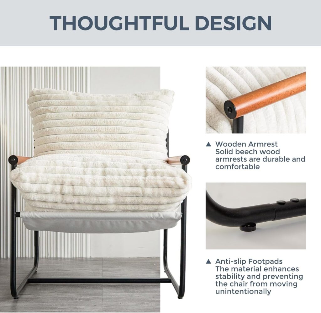 MAXYOYO Accent Chair, Sherpa Arm Chair for Living Room, Mid Century Modern Accent Chairs, Boucle Reading Bedroom Chair, Teddy Armchair, Wooden Arms Metal Frame
