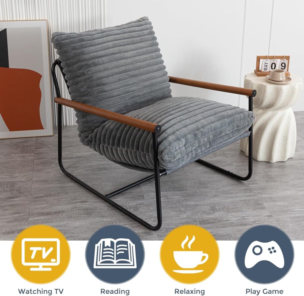MAXYOYO Accent Chair, Sherpa Arm Chair for Living Room, Mid Century Modern Accent Chairs, Boucle Reading Bedroom Chair, Teddy Armchair, Wooden Arms Metal Frame