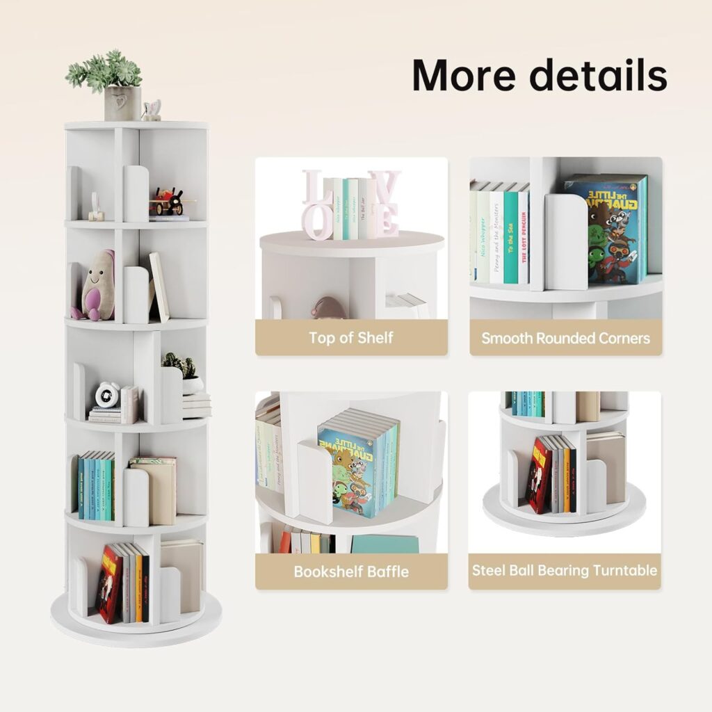 oneinmil Rotating Bookshelf, 360° Rotating Bookcase for Small Space, Corner Bookcase for Bedroom, Living Room, Study Room, 4 Tier, White