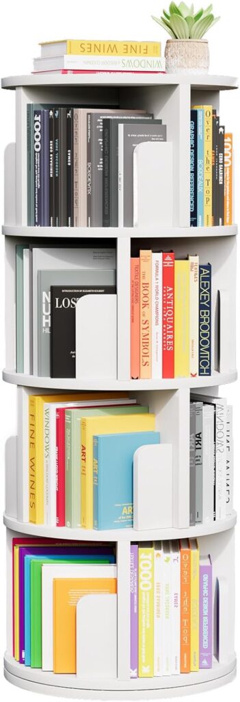 oneinmil Rotating Bookshelf, 360° Rotating Bookcase for Small Space, Corner Bookcase for Bedroom, Living Room, Study Room, 4 Tier, White