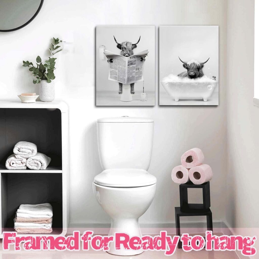 Set of 2 Japanese Bathroom Wall Art Framed Canvas with Cats  Frogs, Wooden Frame, Abstract Nature Poster Prints for Bathroom Decor, Minimalist Zen Painting Art for Home  Spa (12 W*16 H*2piece)