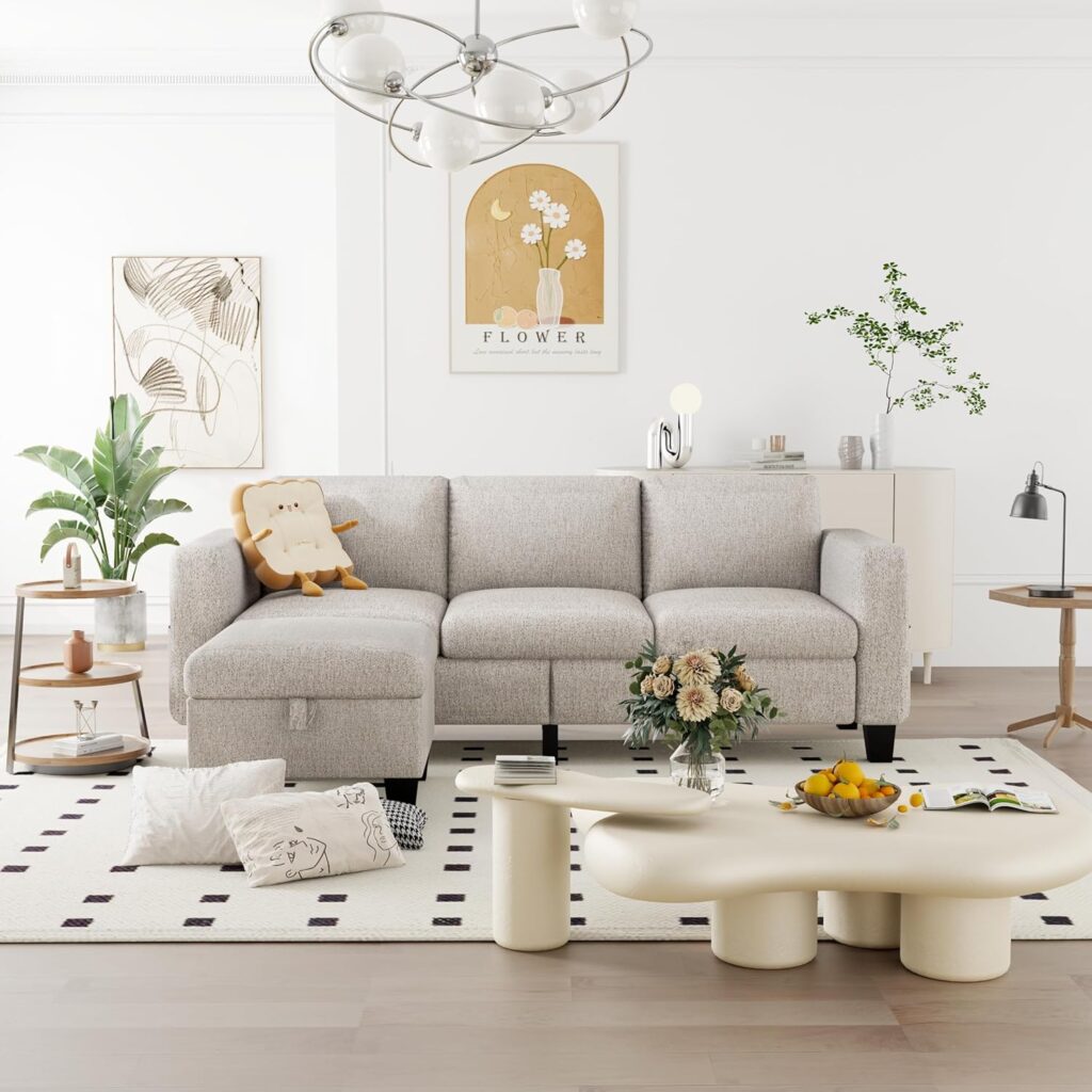 ZeeFu Convertible Sectional Sofa Couch,Classic 3 Seat L-Shaped Sofa Set with Movable Ottoman, Modern Orange Velvet Upholstered Small Sectional Sofa Couch for Small Space Apartment Living Room Office