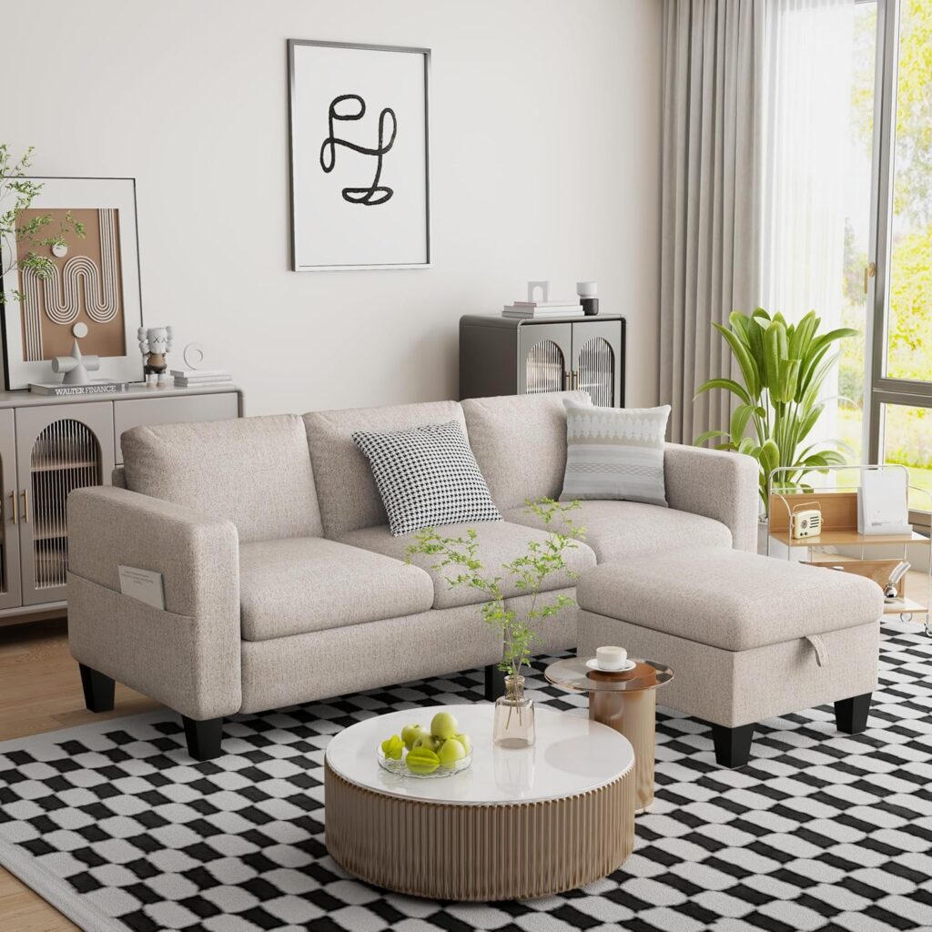 ZeeFu Convertible Sectional Sofa Couch,Classic 3 Seat L-Shaped Sofa Set with Movable Ottoman, Modern Orange Velvet Upholstered Small Sectional Sofa Couch for Small Space Apartment Living Room Office