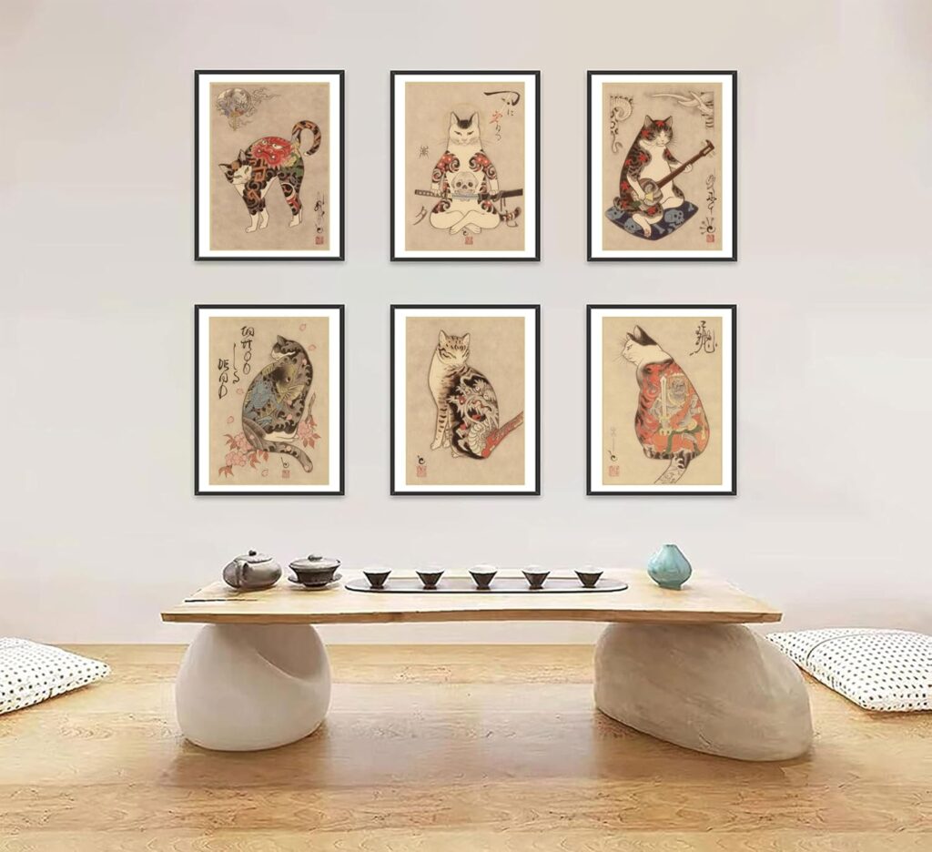 6Pcs Japanese Samurai Cat Wall Art Prints of Posters Japan Bushido Decor Kung Fu Paintings Tattoo Funny Fantasy Photo Picture Canvas Poster Painting for Living Room Print Bedroom Home Artwork