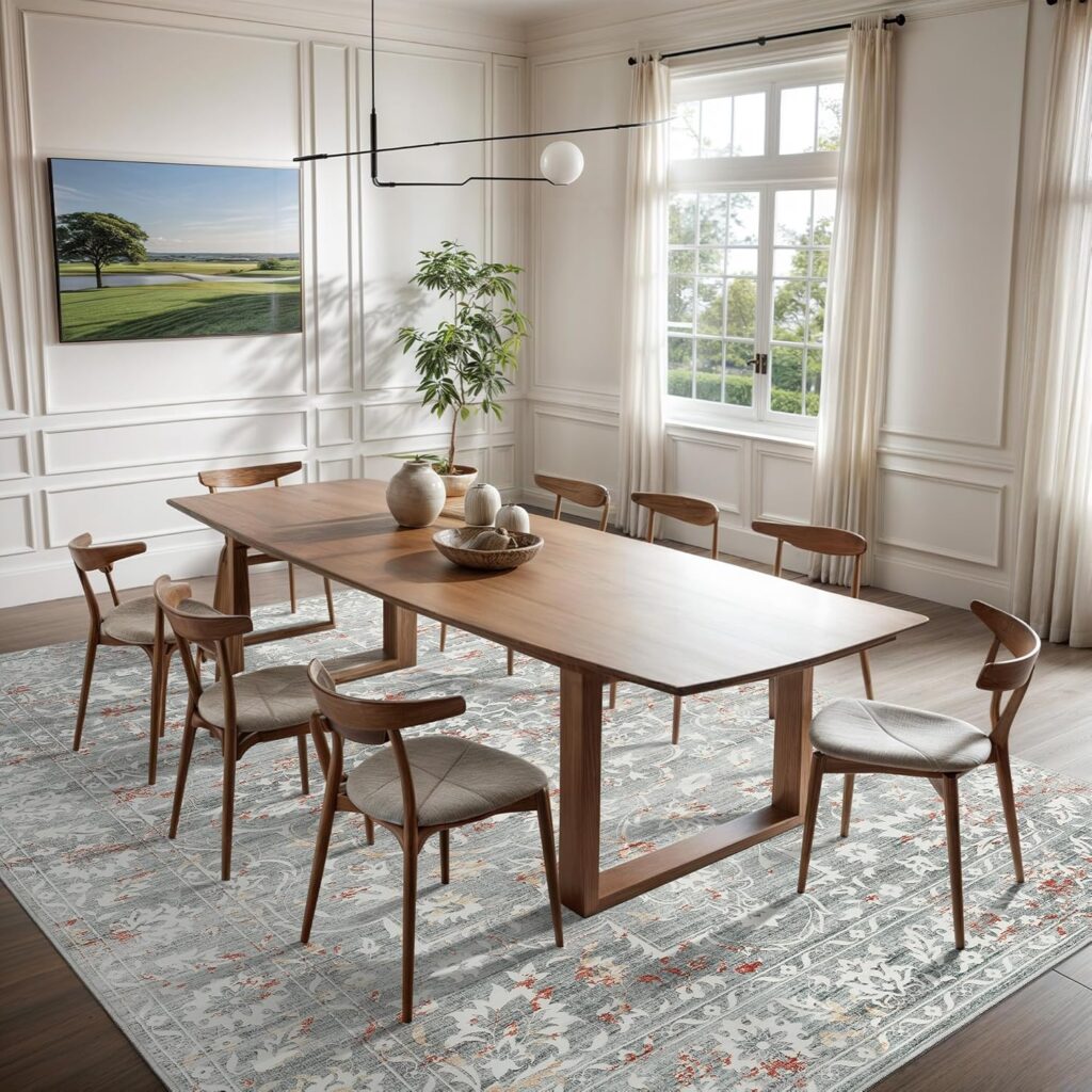 8x10 Area Rugs for Living Room, Stain Resistant Washable Rugs for Dining Room, Kitchen, Floral Vintage Non-Slip Thin Large Beige Rug