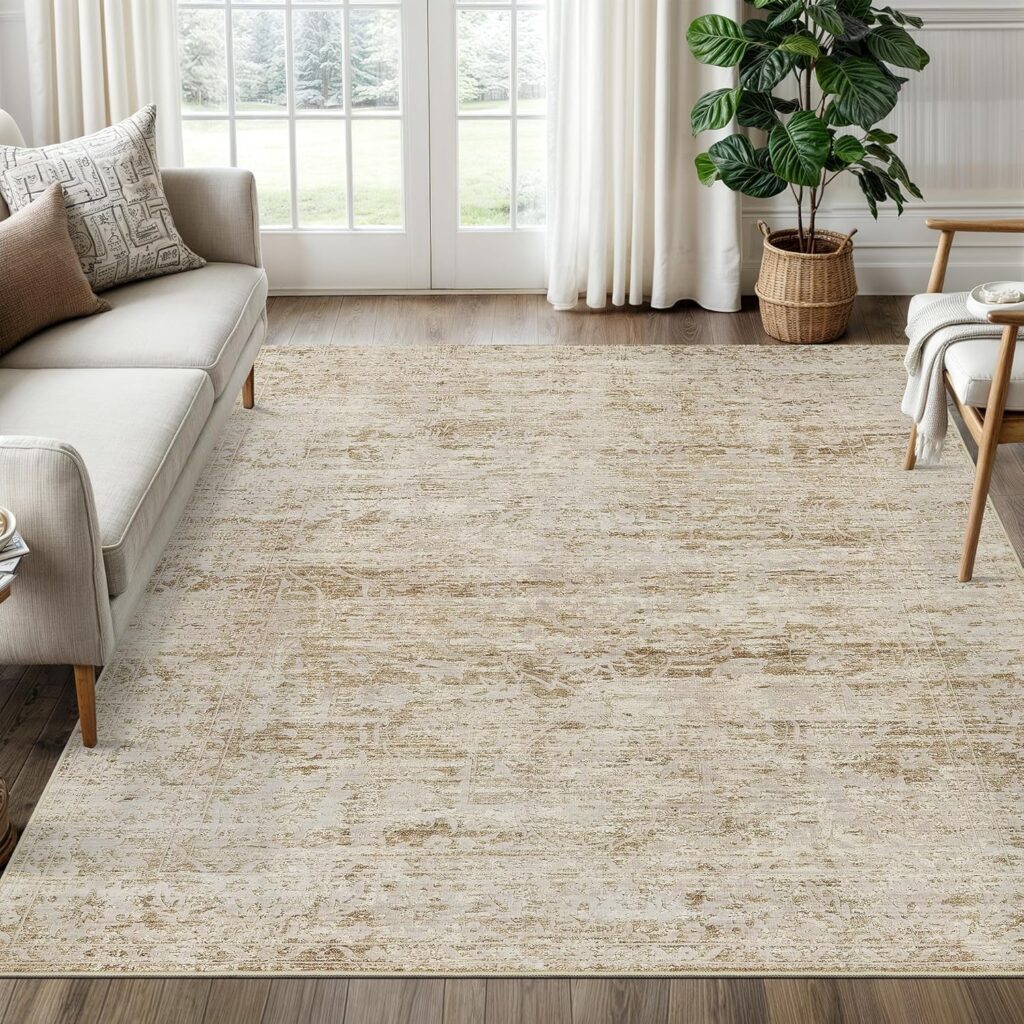 8x10 Area Rugs for Living Room, Stain Resistant Washable Rugs for Dining Room, Kitchen, Floral Vintage Non-Slip Thin Large Beige Rug