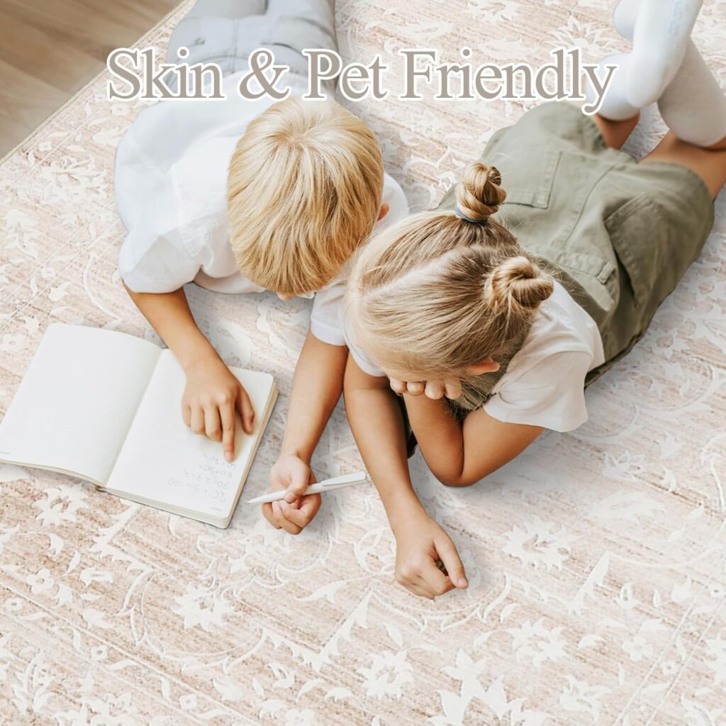8x10 Area Rugs for Living Room, Stain Resistant Washable Rugs for Dining Room, Kitchen, Floral Vintage Non-Slip Thin Large Beige Rug