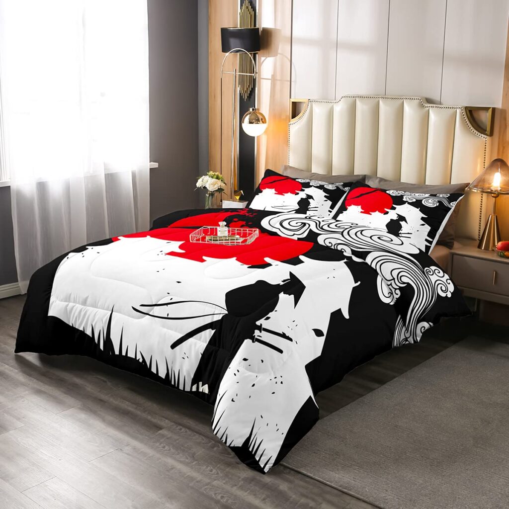 Erosebridal Samurai Comforter Set Queen Size, Sunset Print Down Comforter, Japan Quilted Duvet, Building Silhouette Breathable Quilt Set, Japanese Ukiyoe Bedding Set, Ultra Lightweight