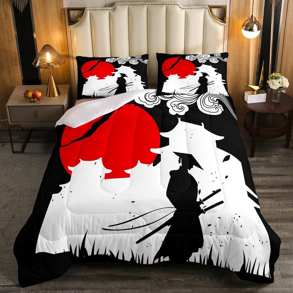 Erosebridal Samurai Comforter Set Queen Size, Sunset Print Down Comforter, Japan Quilted Duvet, Building Silhouette Breathable Quilt Set, Japanese Ukiyoe Bedding Set, Ultra Lightweight