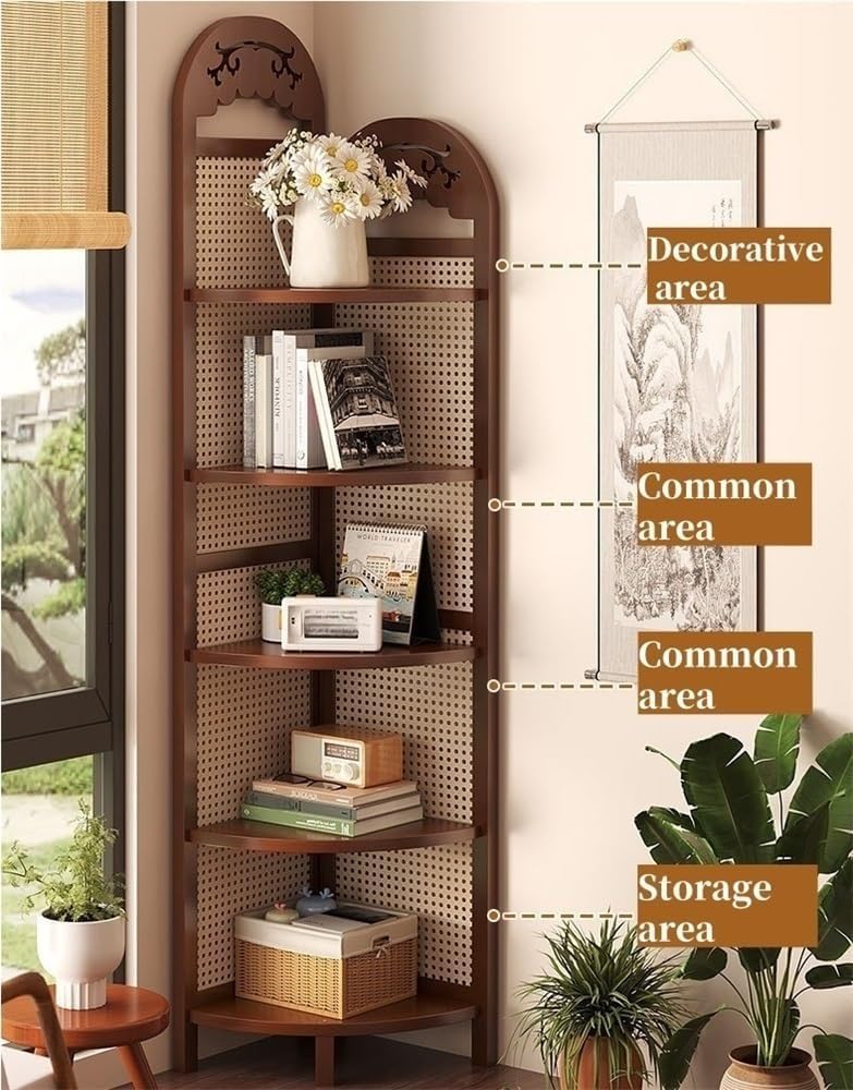 Freestanding Rattan Corner Shelf – Bamboo Wood Bookshelf  Plant Stand Storage for Living Room  Balcony – Space Saving Home Decor (Brown)
