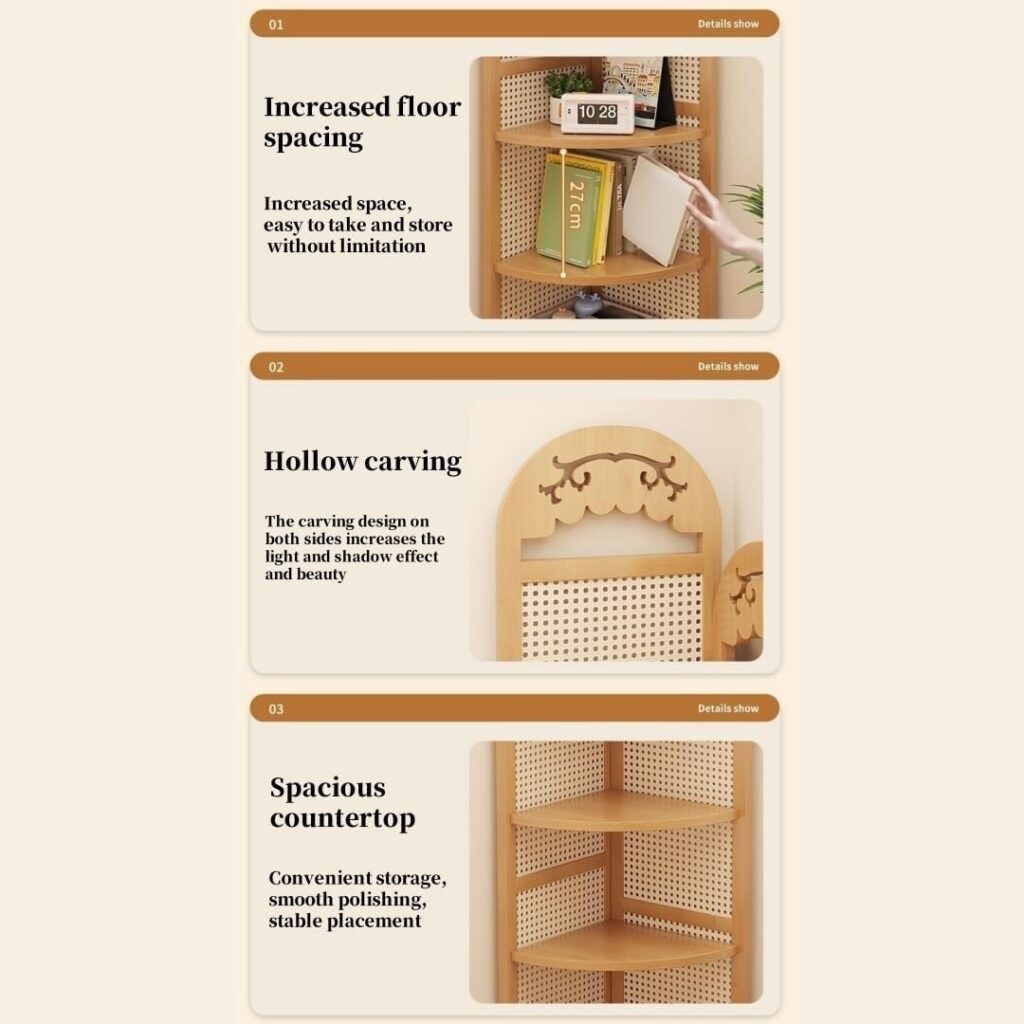 Freestanding Rattan Corner Shelf – Bamboo Wood Bookshelf  Plant Stand Storage for Living Room  Balcony – Space Saving Home Decor (Brown)
