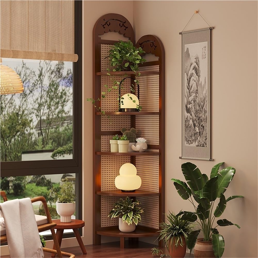 Freestanding Rattan Corner Shelf – Bamboo Wood Bookshelf  Plant Stand Storage for Living Room  Balcony – Space Saving Home Decor (Brown)