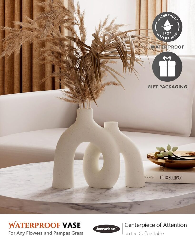 Hug Donut Decorative Vase Set - Modern Nordic Boho Style Vases Home Decor, Matte Ceramic Decorations for Living Room Shelf, Bookshelf Mantle Entryway Table or Console Décor (Cream White)
