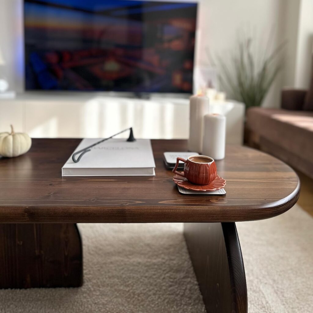 Japandi Coffee Table Wooden Mid Century Modern Coffee Table Solid Walnut Center Table Minimalist Living Room Furniture (23.6 x 47.2 x 15.1 inches)