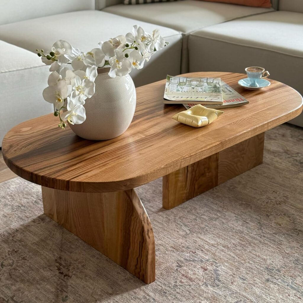 Japandi Coffee Table Wooden Mid Century Modern Coffee Table Solid Walnut Center Table Minimalist Living Room Furniture (23.6 x 47.2 x 15.1 inches)