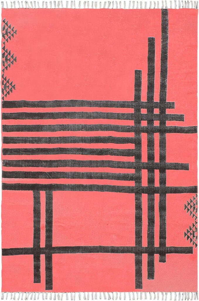 Kilim Rugs for Living Room 10x16 Flatweave Thick 0.19 Striped Design Red Black Handmade Boho Easy Washable Floor Carpet Hand Block Printed Cotton Rugs for Indoor Outdoor Use Bedroom Hall Room