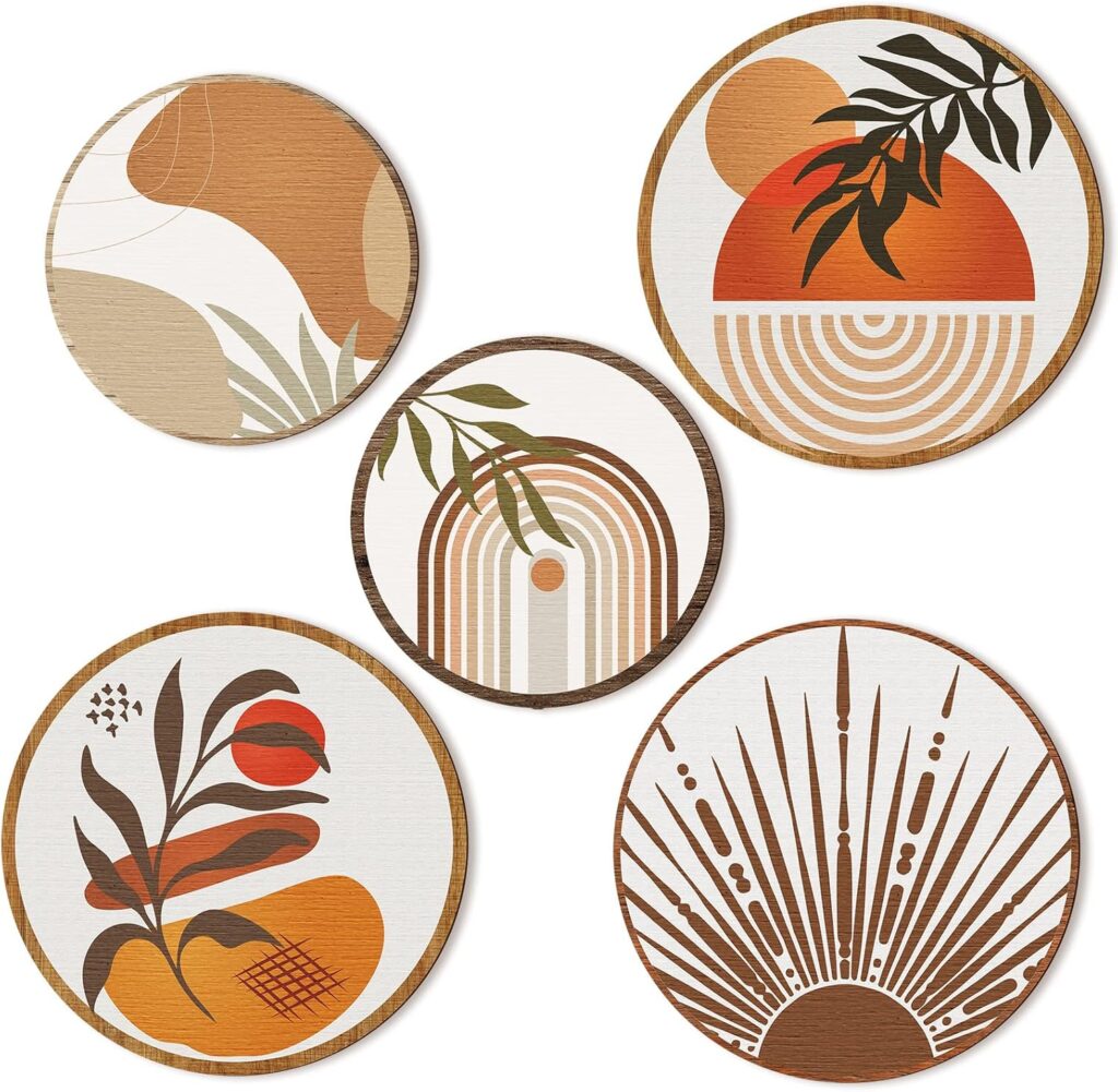 Qunclay 5 Pcs Wall Art Decor Wooden Living Room Wall Decor Bohemian Hanging Farmhouse Geometric 10 and 8 Aesthetic Wood Minimalist Posters for Bedroom(Boho)