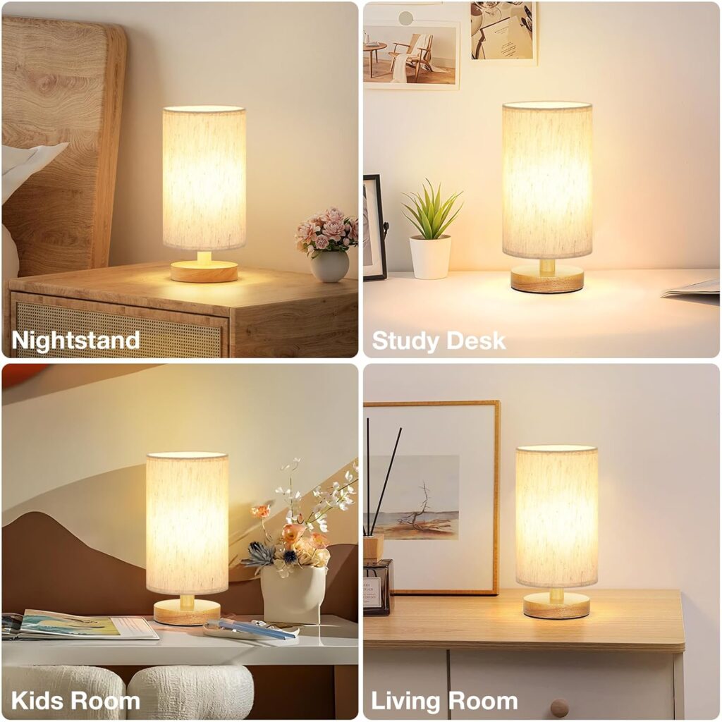 Small Table Lamp for Bedroom - Inline Control, Bedside Lamp with 3000K A15 LED Blub, Easy Assembly (Cream Shade - Wood Base, 9 Inline Control)