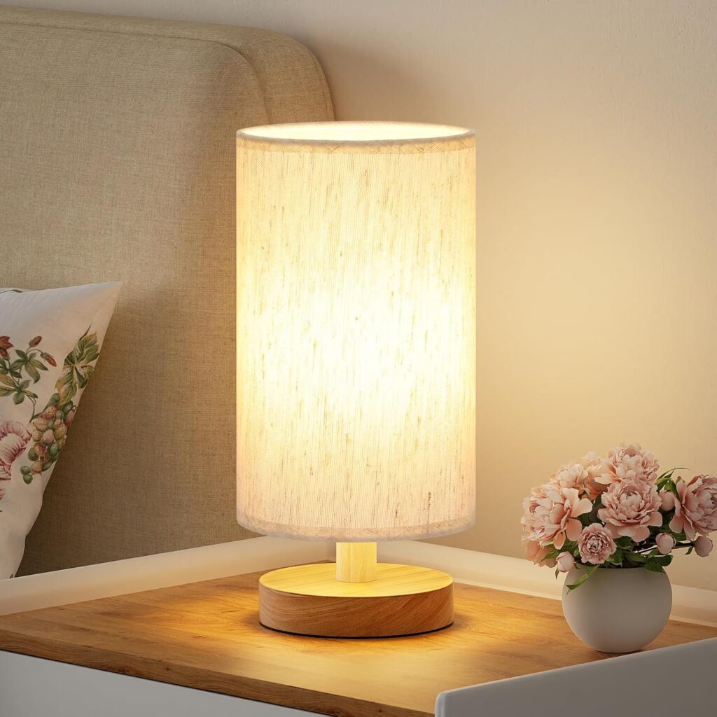 Small Table Lamp for Bedroom - Inline Control, Bedside Lamp with 3000K A15 LED Blub, Easy Assembly (Cream Shade - Wood Base, 9 Inline Control)