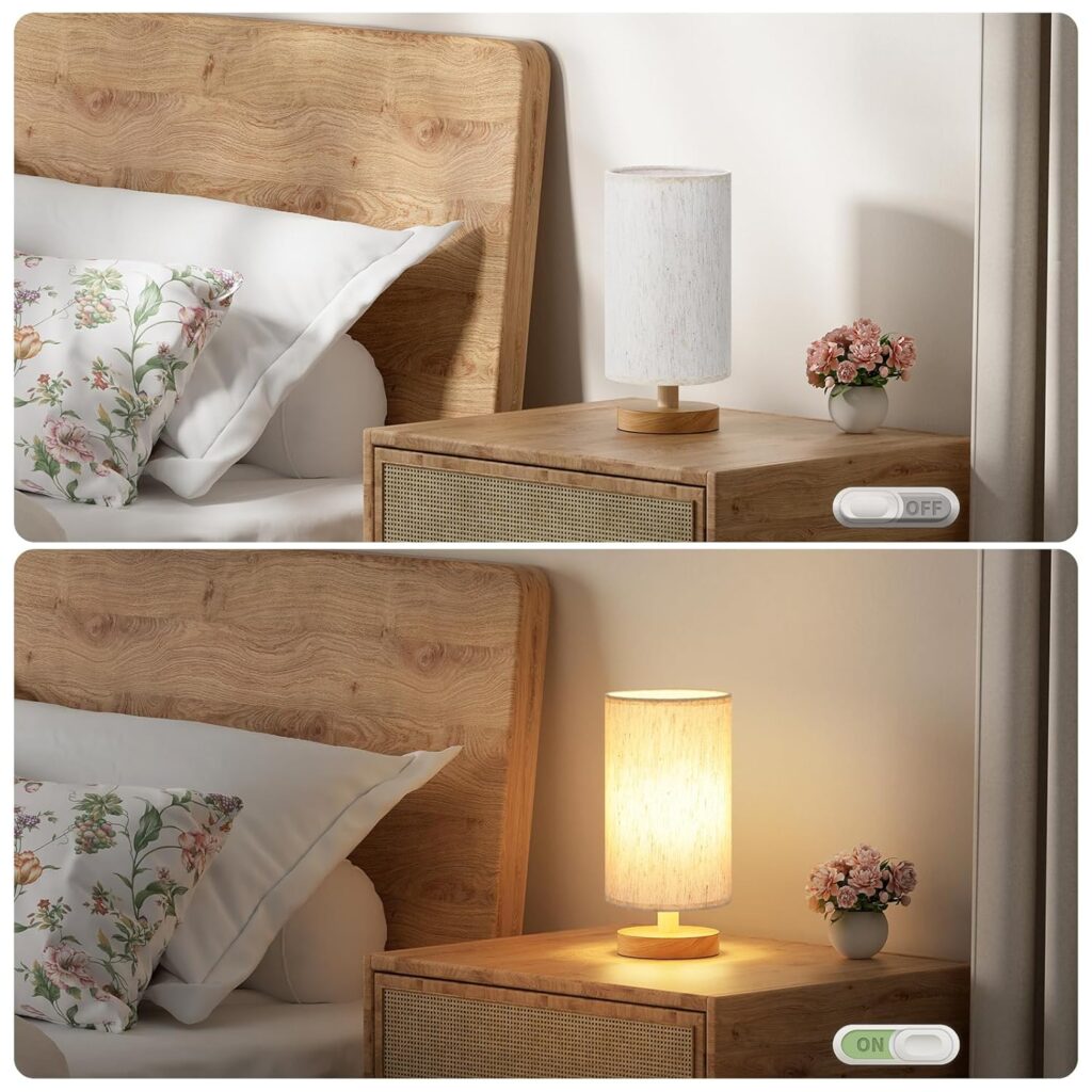 Small Table Lamp for Bedroom - Inline Control, Bedside Lamp with 3000K A15 LED Blub, Easy Assembly (Cream Shade - Wood Base, 9 Inline Control)