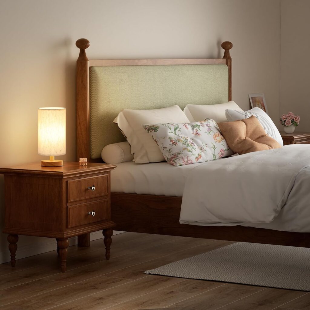 Small Table Lamp for Bedroom - Inline Control, Bedside Lamp with 3000K A15 LED Blub, Easy Assembly (Cream Shade - Wood Base, 9 Inline Control)