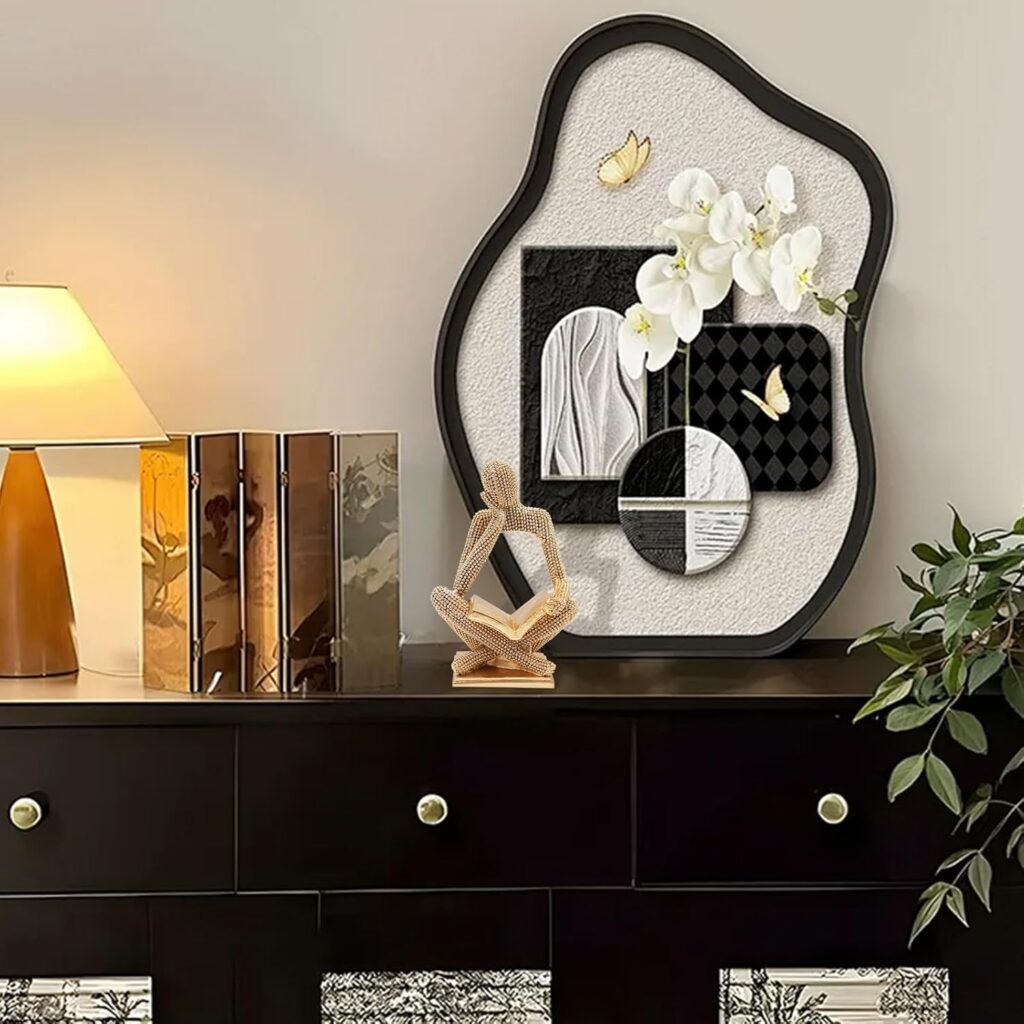 Sparkling Gold Reading Women Statue, Thinker Sculptures, Abstract Art Ornament, Modern Aesthetic Figurine Decoration for Home Living Room Bedroom Office Shelf Table Desk Bookshelf Decor