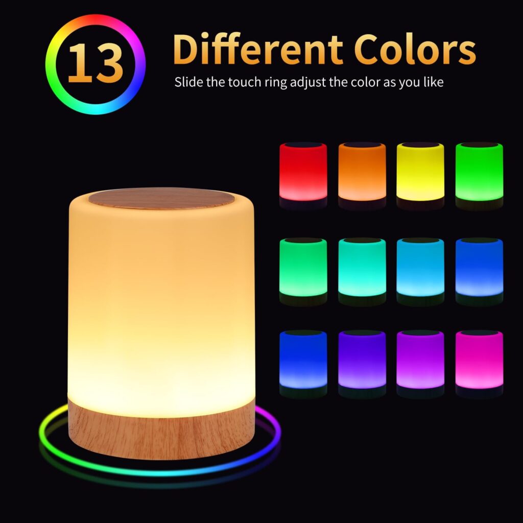 OORUN Touch Bedside Table Lamp,13 RGB Colors  5 Brightness, USB Rechargeable Desk Lamp, Remote Control Dimmable Night Light with RGB Color Changing,Portable Lamp for Baby, Bedroom, Living Room