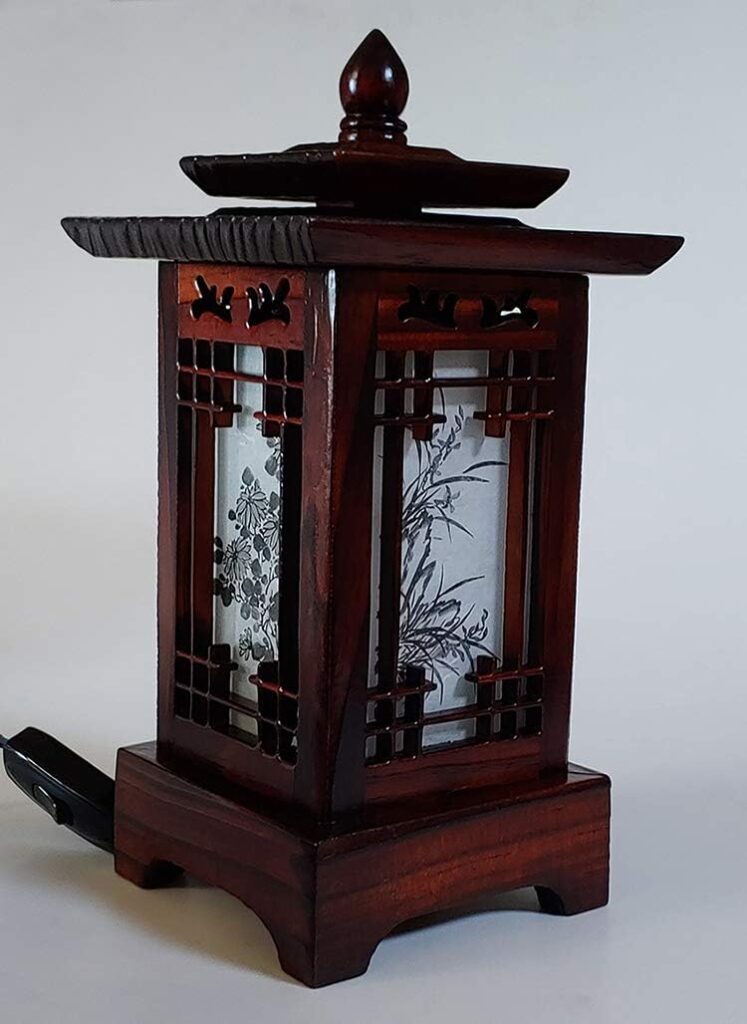 Traditional Korean Wood Lamp | Handmade Asian Oriental Table Lantern | Bedside Bedroom Accent Light | Unique Gift Idea | Pagoda Design (Brown) (House)
