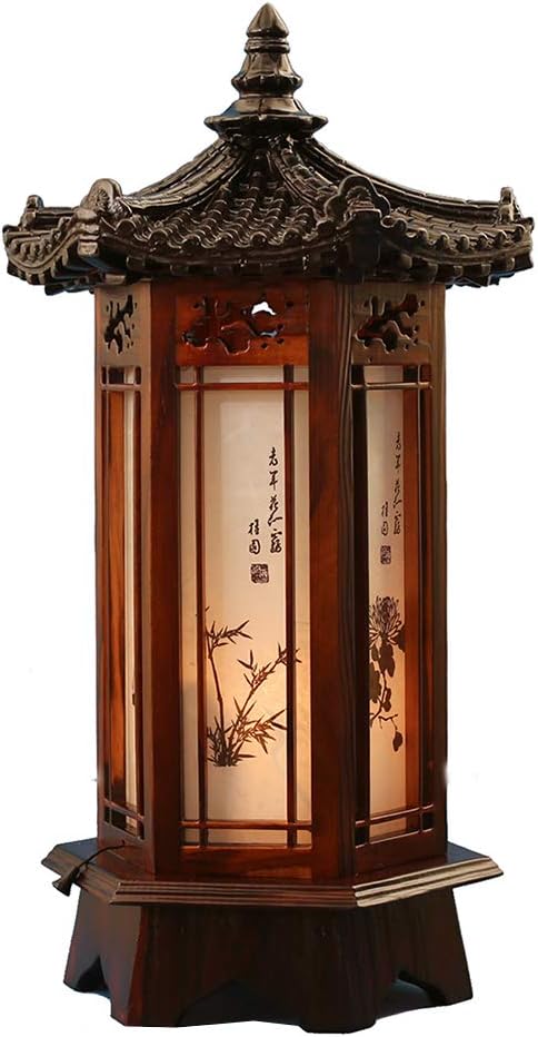 Traditional Korean Wood Lamp | Handmade Asian Oriental Table Lantern | Bedside Bedroom Accent Light | Unique Gift Idea | Pagoda Design (Brown) (House)