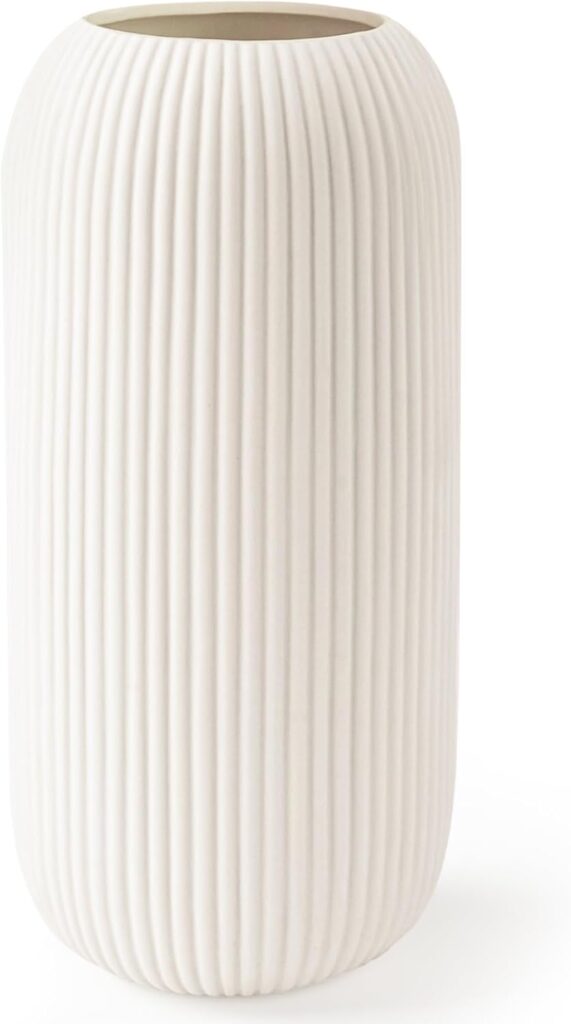 White Ceramic Vase for Flowers, 8 INCH Modern Small Ribbed Textured White Flower Vase for Home Decor, Pampas Grass, Decorative, Farmhouse, Coffee Table, Bookshelf and Home Living