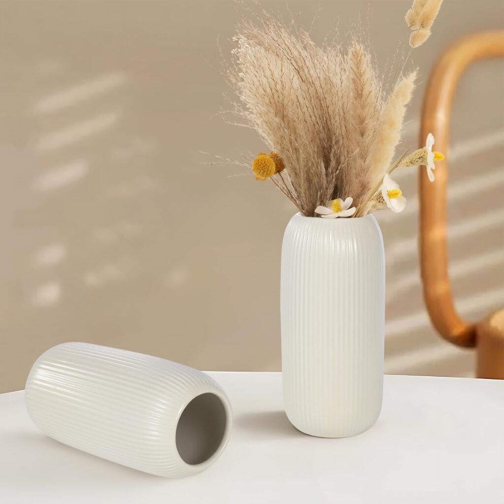 White Ceramic Vase for Flowers, 8 INCH Modern Small Ribbed Textured White Flower Vase for Home Decor, Pampas Grass, Decorative, Farmhouse, Coffee Table, Bookshelf and Home Living