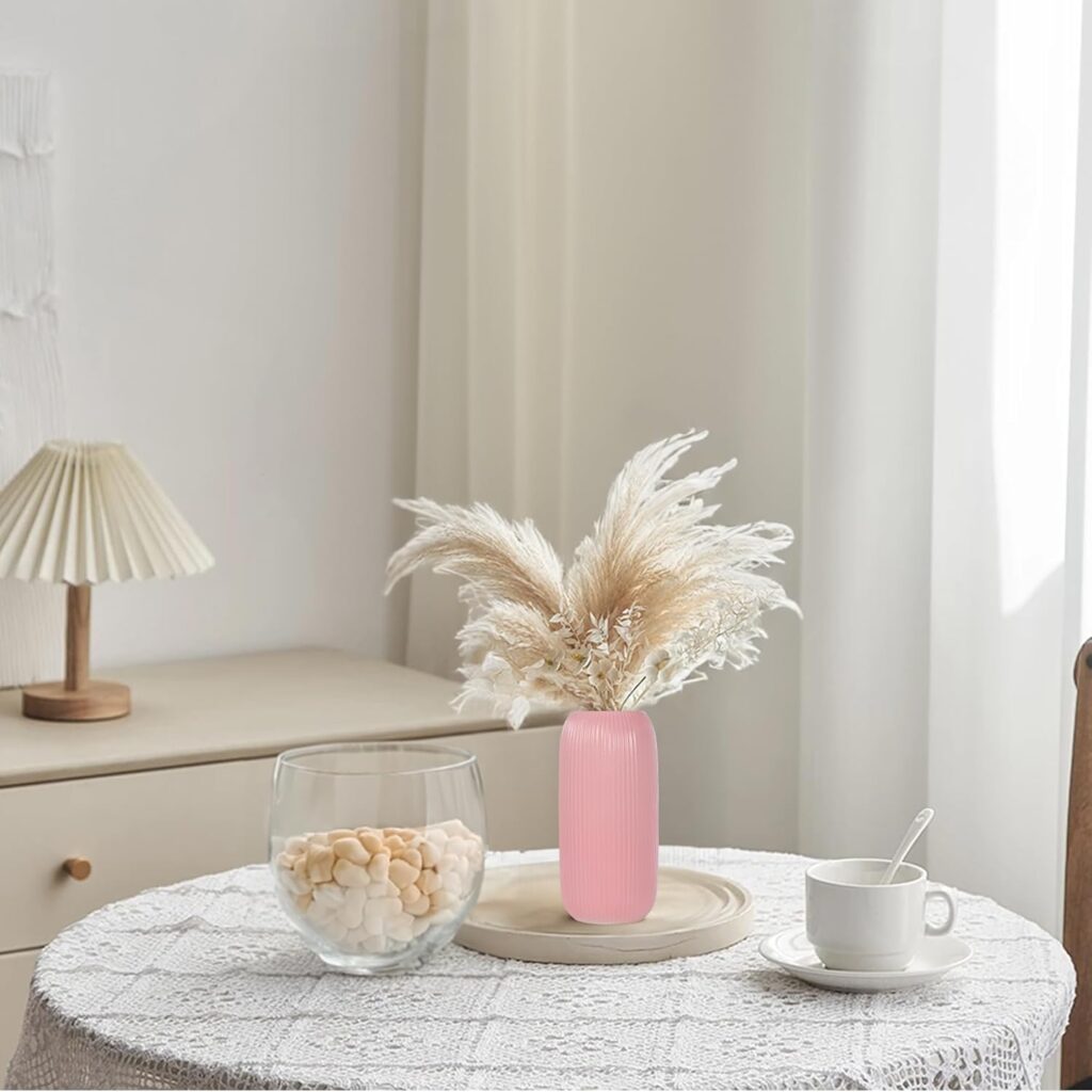 White Ceramic Vase for Flowers, 8 INCH Modern Small Ribbed Textured White Flower Vase for Home Decor, Pampas Grass, Decorative, Farmhouse, Coffee Table, Bookshelf and Home Living